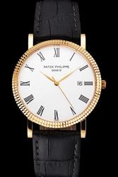 Men's PP Calatrava Roman Scale Yellow Gold Ribbed Bezel Leaf-shaped Hands Quartz Watch