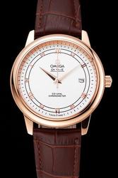 Men's Omega De Ville Co-Axial Prestige Rose Gold Case White Dial Diamond/Roman/Stick Marker Brown Strap Quartz Watch 424.13.40.20.02.002