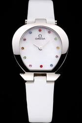 Lady Omega Specialities Horseshoe-shaped Case White Dial Coloured Diamonds Marker Smallish Pointer White Strap Watch