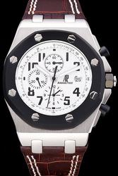 AP Oak Offshore Ion-plated Octagonal Bezel White Tapisserie Dial Black Arabic Scale Brown Band Watch