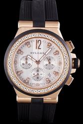 Bvlgari Diagono White Dial Diamonds Bezel Pink Gold Case Black Rubber Strap Sports Watch