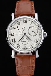 Men's Patek Philippe Complications Roman Marker Silver Case Brown Band Watch