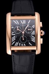 Fake Cartier Black Strap Date Rose Gold Bezel Tank Boys chronograph Watch KDT200