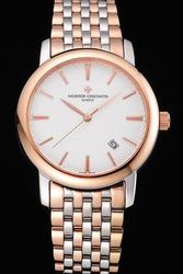 Vacheron Constantin Patrimony Rose Gold Case White Textured Dial Stick Hour Marker Two-tone Bracelet Men Watch