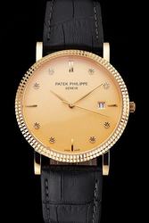 Swiss PP Geneve Calatrava Yellow Gold Ribbed Bezel Diamonds Stick Scale Date Watch