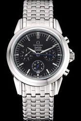 Men's Omega De Ville Co-Axial Chronometer Silver Case Black Dial Stick Scale Blue Second Pointer Three Sub-dials Steel Link Bracelet Date Watch 4541.50.00