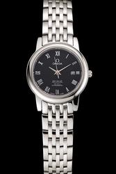 Lady Omega De Ville Co-Axial Chronometer Rotund Case Black Checked Dial Roman Scale Dauphine Hand Stainless Steel Watch 424.10.33.20.01.001