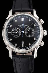 PP Chronograph Ribbed Bezel Diamonds Track Marker Skeleton Hands Men Quartz Watch