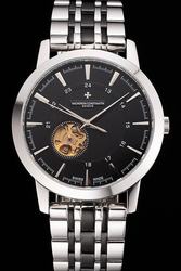 Vacheron Constantin Traditionnelle Black Textured Dial Silver Case/Stick Marker/Dauphine Hands Two-tone Bracelet Auto Tourbillon Watch